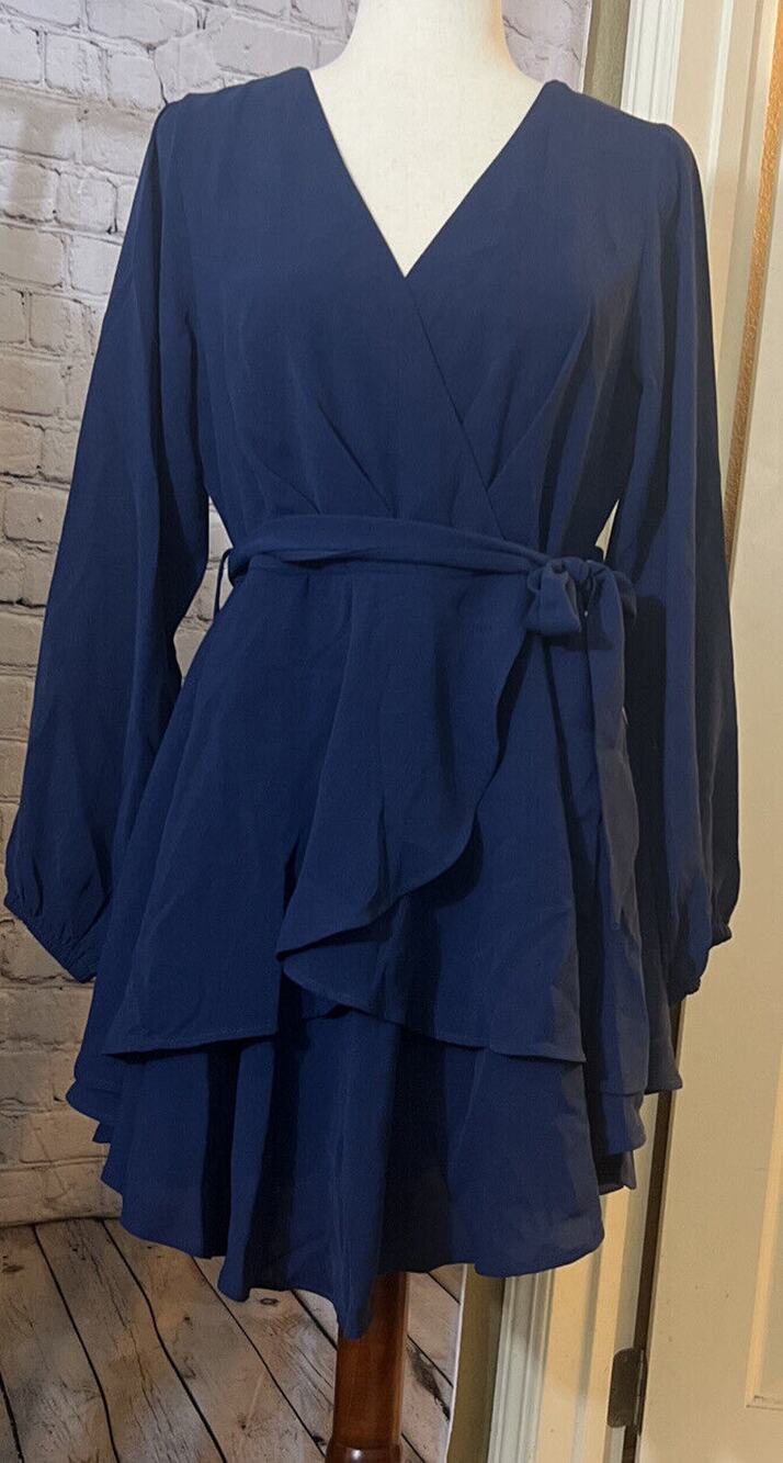 Women's Dress Deep V-Neck Long Sleeve Waist Tie Ruffle Mini Swing Blue S NWOT
